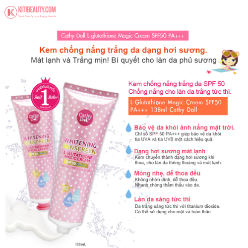 Kem Chống Nắng Dưỡng Trắng Da Cathy Doll L-Glutathione Magic Cream SPF50 PA+++